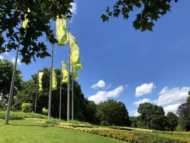 Ein Hügel mit Blumenbeet auf dem ein Fahnenmast steht, an diesem Fahnenmast weht die Fahne des Luisenpark